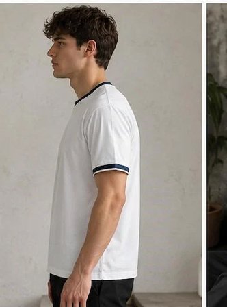 Erkek Kısa Kollu Bisiklet Yaka  Şerit Detaylı Düz Renk T-Shirt 4224