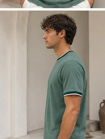 Erkek Kısa Kollu Bisiklet Yaka  Şerit Detaylı Düz Renk T-Shirt 4224