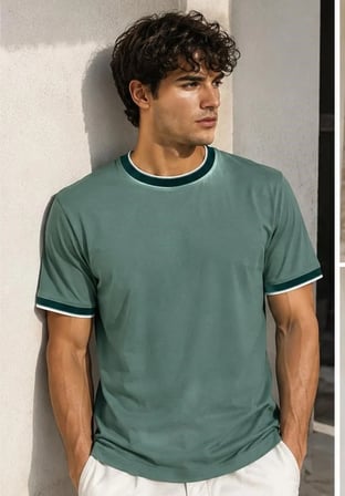 Erkek Kısa Kollu Bisiklet Yaka  Şerit Detaylı Düz Renk T-Shirt 4224