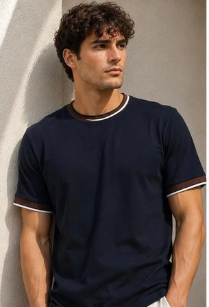 Erkek Kısa Kollu Bisiklet Yaka  Şerit Detaylı Düz Renk T-Shirt 4224