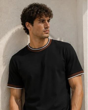 Erkek Kısa Kollu Bisiklet Yaka  Şerit Detaylı Düz Renk T-Shirt 4224