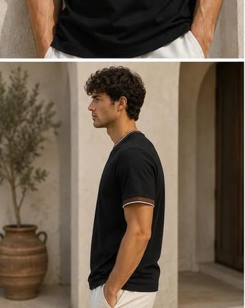 Erkek Kısa Kollu Bisiklet Yaka  Şerit Detaylı Düz Renk T-Shirt 4224