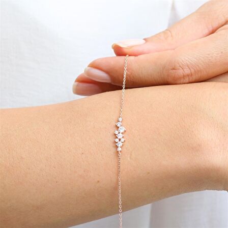 Pırlanta Montür Tasarım Işıltılı Salkım Rose Gümüş Bileklik