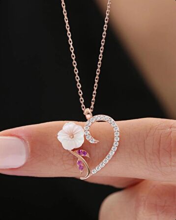 MANOLYA ÇİÇEĞİ ROSE KALP GÜMÜŞ KOLYE