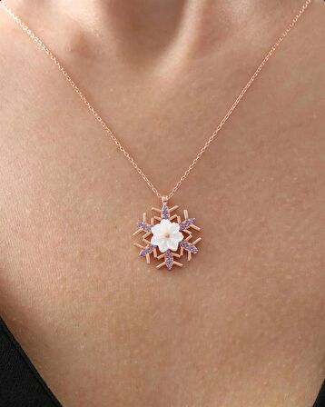 MANOLYA ÇİÇEĞİ AMETİST TAŞ KAR TANESİ IŞILTI GÜMÜŞ KOLYE