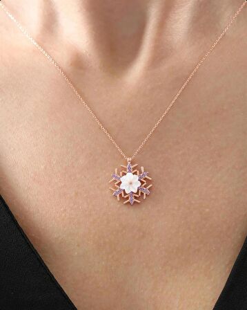 MANOLYA ÇİÇEĞİ AMETİST TAŞ KAR TANESİ IŞILTI GÜMÜŞ KOLYE