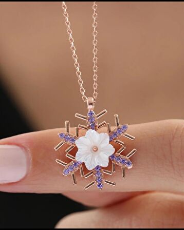 MANOLYA ÇİÇEĞİ AMETİST TAŞ KAR TANESİ IŞILTI GÜMÜŞ KOLYE