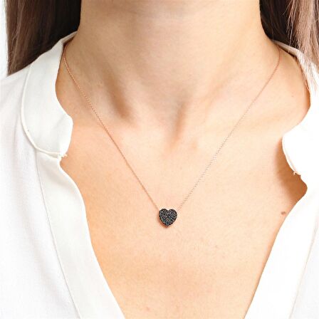 Pırlanta Montür Tasarım Oniks Taş Kalp Gümüş Kolye Ve Bileklik İkili Set