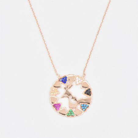 Pırlanta Montür Tasarım Rose Gold Mix Taşlı Oval Kalpler Gümüş Kolye 