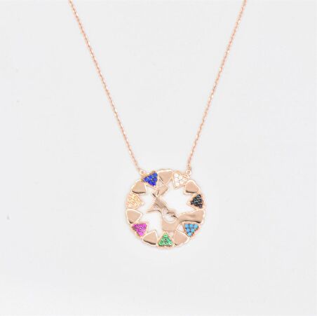 Pırlanta Montür Tasarım Rose Gold Mix Taşlı Oval Kalpler Gümüş Kolye 