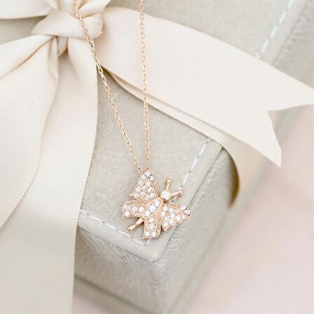 Pırlanta Montür Tasarım Rose Gold Zirkon Taş Kelebek Gümüş Kolye 