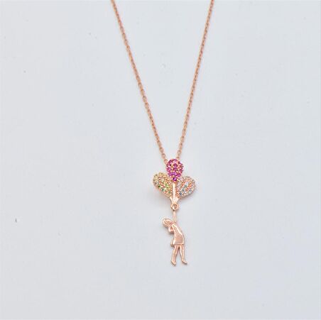 Pırlanta Montür Tasarım Rose Gold Mix Taşlı Balonlu Kız Gümüş Kolye 
