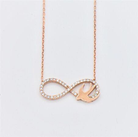 Pırlanta Montür Tasarım Rose Gold Kuşlu Sonsuzluk Gümüş Kolye 