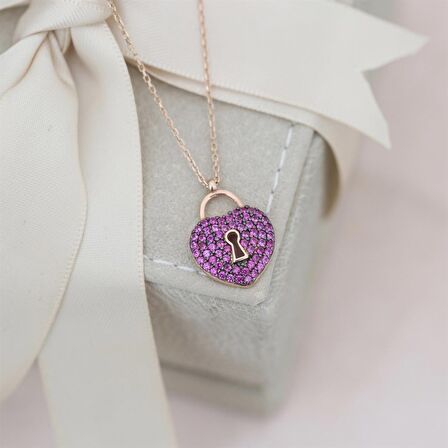 Pırlanta Montür Tasarım Rose Gold Amatis Taş Kalp Kilit Gümüş Kolye 
