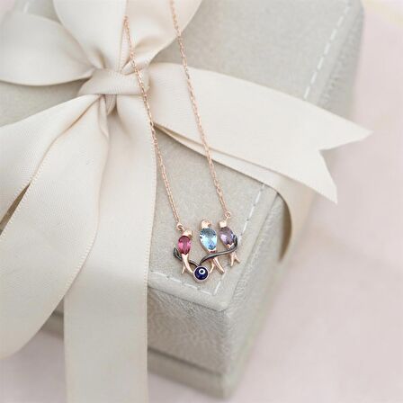 Pırlanta Montür Tasarım Rose Gold Üçlü Kuş Gümüş Kolye 