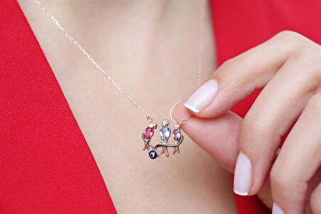Pırlanta Montür Tasarım Rose Gold Üçlü Kuş Gümüş Kolye 