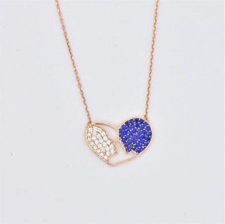 Pırlanta Montür Tasarım Rose Gold Safir Taş İkili Kalp Gümüş Kolye