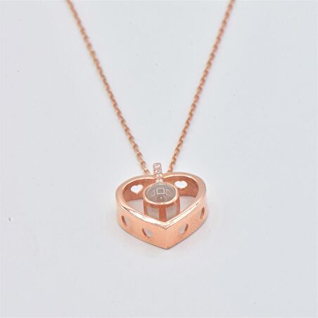Trend Tasarım Rose Gold 100 Dil de Aşk Projeksiyon Taş Kalp Gümüş Kolye