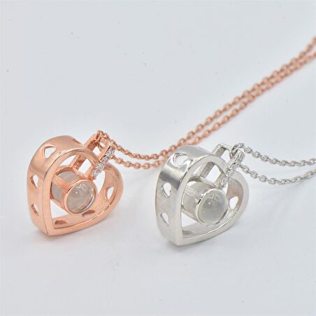 Trend Tasarım Rose Gold 100 Dil de Aşk Projeksiyon Taş Kalp Gümüş Kolye