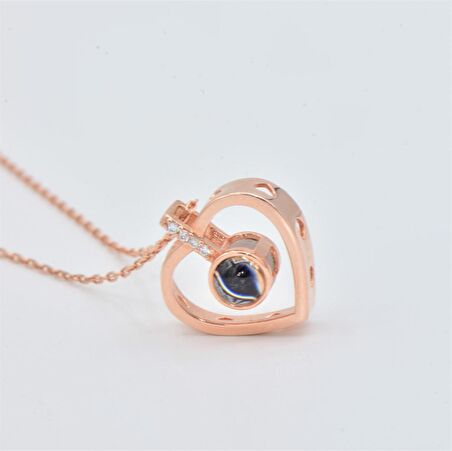 Trend Tasarım Rose Gold 100 Dil de Aşk Projeksiyon Taş Kalp Gümüş Kolye