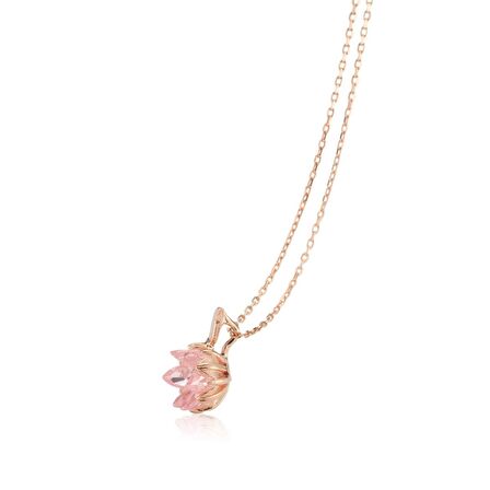 Trend Tasarım Pembe Taş Lotus Çiçeği Gümüş Kolye
