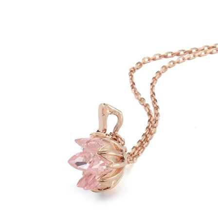 Trend Tasarım Pembe Taş Lotus Çiçeği Gümüş Kolye