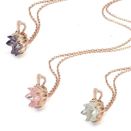 Trend Tasarım Pembe Taş Lotus Çiçeği Gümüş Kolye