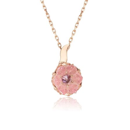 Trend Tasarım Pembe Taş Lotus Çiçeği Gümüş Kolye
