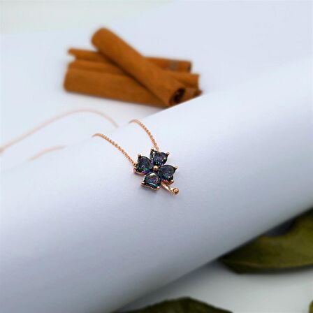 MİSTİK TOPAZ TAŞLI  ROSE GOLD YONCA GÜMÜŞ KOLYE