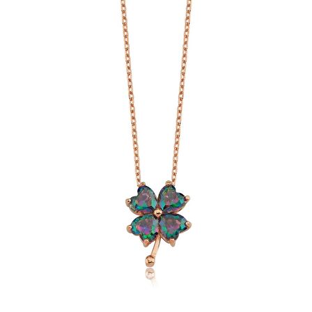 MİSTİK TOPAZ TAŞLI  ROSE GOLD YONCA GÜMÜŞ KOLYE