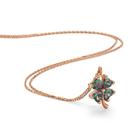 MİSTİK TOPAZ TAŞLI  ROSE GOLD YONCA GÜMÜŞ KOLYE