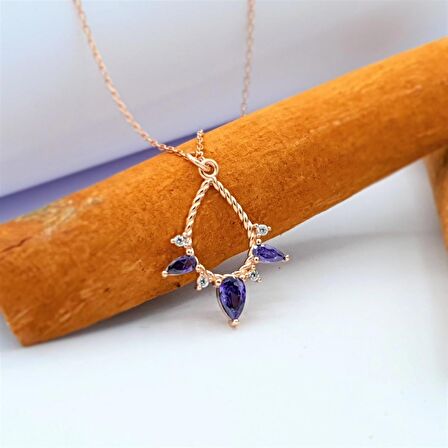 AMETİST TAŞLI ROSE GOLD DAMLA GÜMÜŞ KOLYE