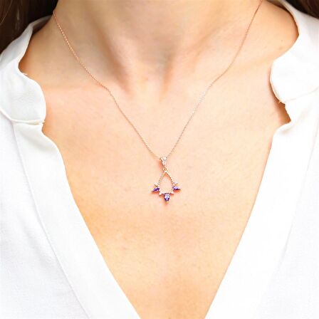 AMETİST TAŞLI ROSE GOLD DAMLA GÜMÜŞ KOLYE