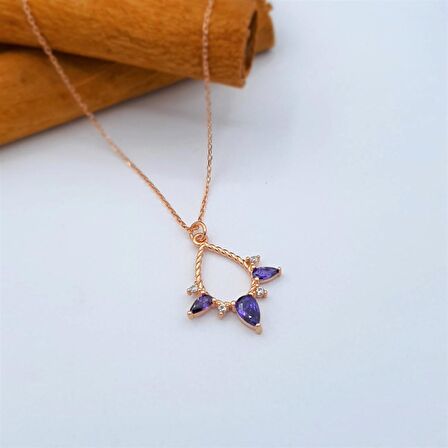 AMETİST TAŞLI ROSE GOLD DAMLA GÜMÜŞ KOLYE