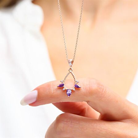 AMETİST TAŞLI ROSE GOLD DAMLA GÜMÜŞ KOLYE