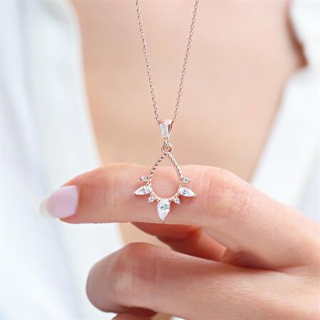 BAGET TAŞLI ROSE GOLD DAMLA GÜMÜŞ KOLYE