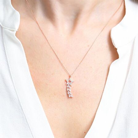 BAGET TAŞLI ROSE RENK YILDIZ YOLU GÜMÜŞ KOLYE