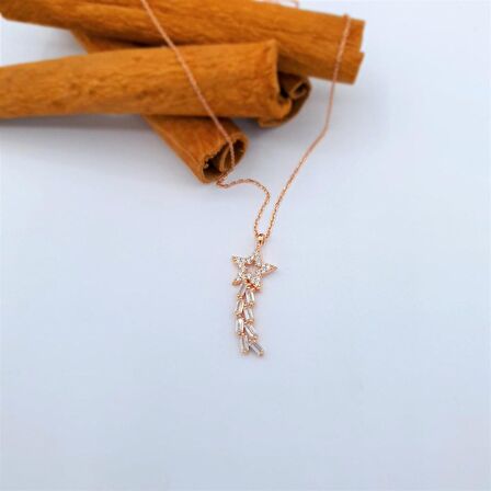 BAGET TAŞLI ROSE RENK YILDIZ YOLU GÜMÜŞ KOLYE