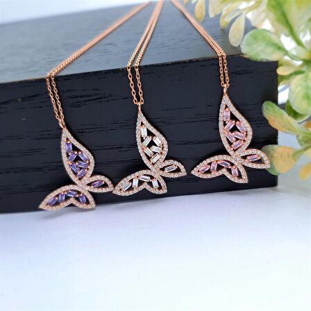 BAGET TAŞLI ROSE RENK SU KELEBEĞİ GÜMÜŞ KOLYE