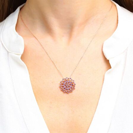 AMETİST TAŞ ROSE RENK TELKARİ MODEL GÜMÜŞ KOLYE