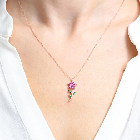 FUŞYA TAŞLI ROSE RENK PAPATYA GÜMÜŞ KOLYE