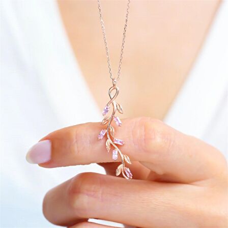 BAGET PEMBE TAŞ ROSE RENK ZEYTİN DALI GÜMÜŞ KOLYE