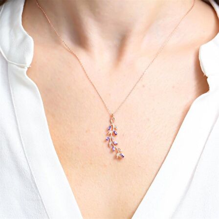 BAGET AMETİST TAŞ ROSE RENK ZEYTİN DALI GÜMÜŞ KOLYE