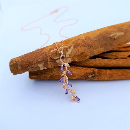 BAGET AMETİST TAŞ ROSE RENK ZEYTİN DALI GÜMÜŞ KOLYE