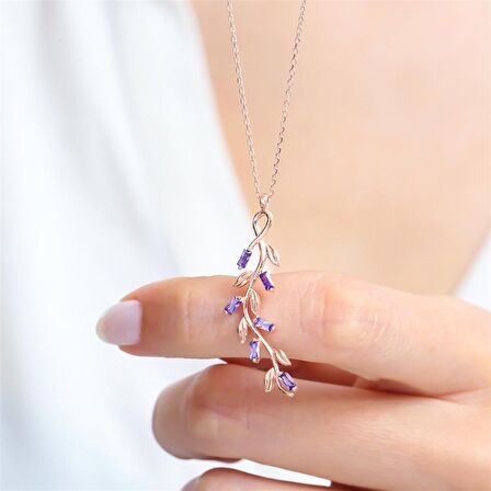 BAGET AMETİST TAŞ ROSE RENK ZEYTİN DALI GÜMÜŞ KOLYE