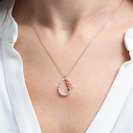  BAGET TAŞ ROSE RENK DAMLA ZEYTİN DALI GÜMÜŞ KOLYE