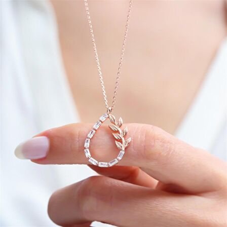  BAGET TAŞ ROSE RENK DAMLA ZEYTİN DALI GÜMÜŞ KOLYE