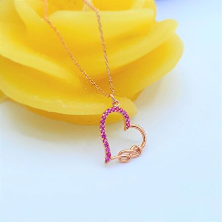 FUŞYA TAŞLI ROSE GOLD SONSUZLUK KALP GÜMÜŞ KOLYE