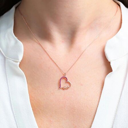 FUŞYA TAŞLI ROSE GOLD SONSUZLUK KALP GÜMÜŞ KOLYE