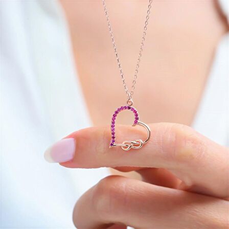 FUŞYA TAŞLI ROSE GOLD SONSUZLUK KALP GÜMÜŞ KOLYE